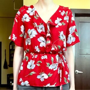 Sienna Sky Red Floral Faux Wrap Blouse M